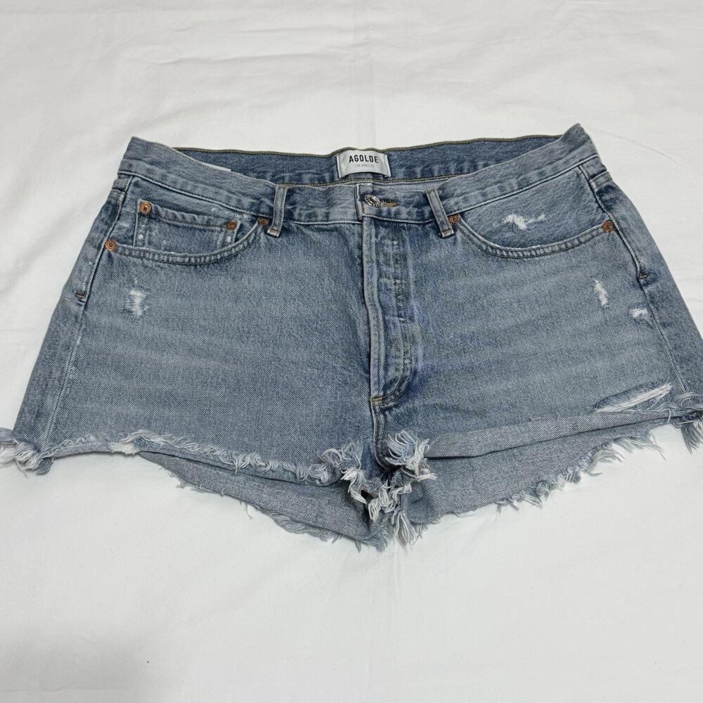 Agolde Light Blue Distressed Denim Jean Cutoff Shorts